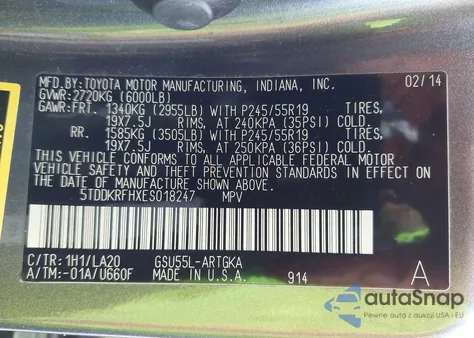 2014 Toyota Highlander Limited V6 z USA, uszkodzony, nr VIN 5TDDKRFHXES018247